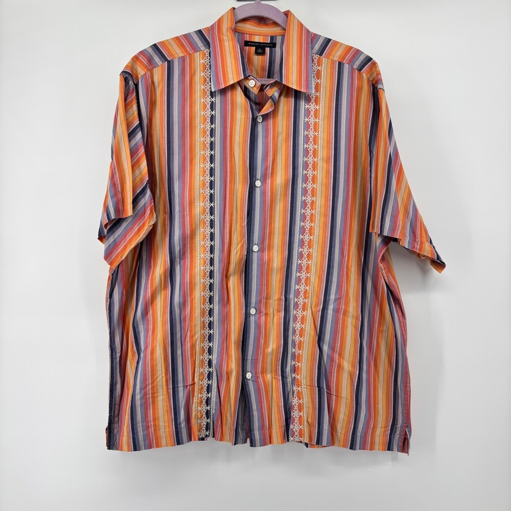 VTG Banana Republic Mens L Embroidered Striped Short Sleeve Button Down Shirt